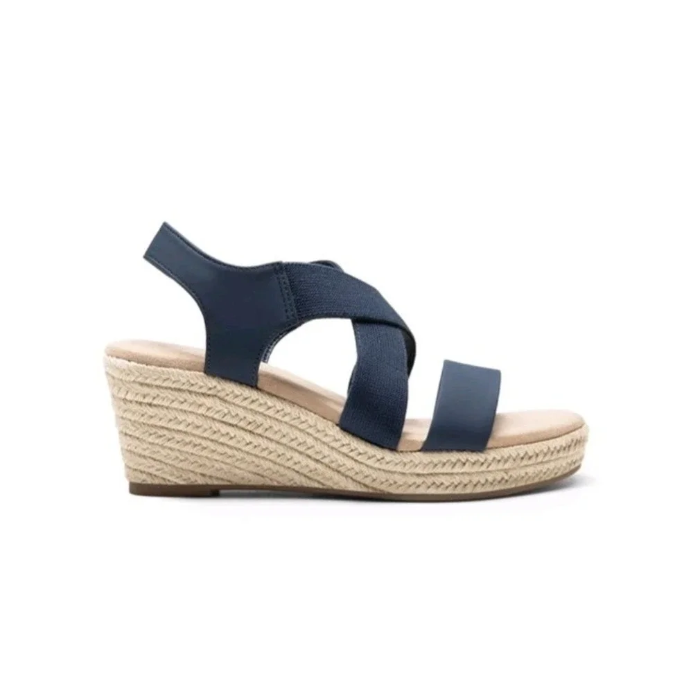 Women Elastic Ankle Strap Espadrilles Wedge Sandals Open Toe Casual Sz 7.5 Navy
